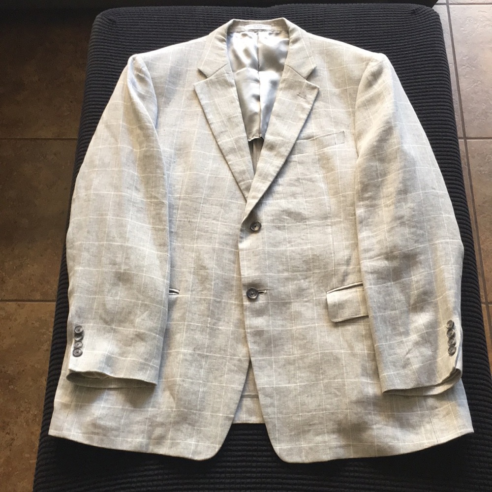 Nordstrom Linen blazer, 44R, grey and white square pattern.